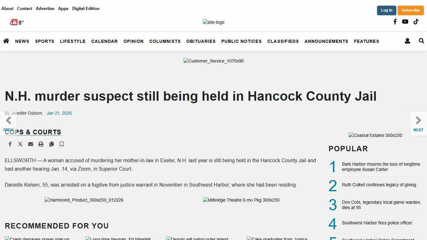 N.H. murder suspect still being held in Hancock County Jail Cops & Courts mdislander.com